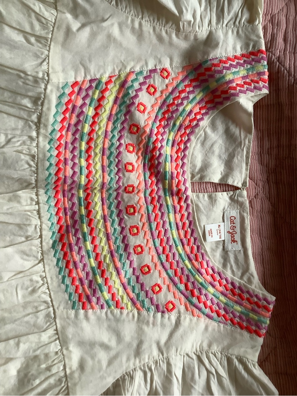 Cat & Jack White Girls Embroidered Square-Neck Top with Multicolor Stitching